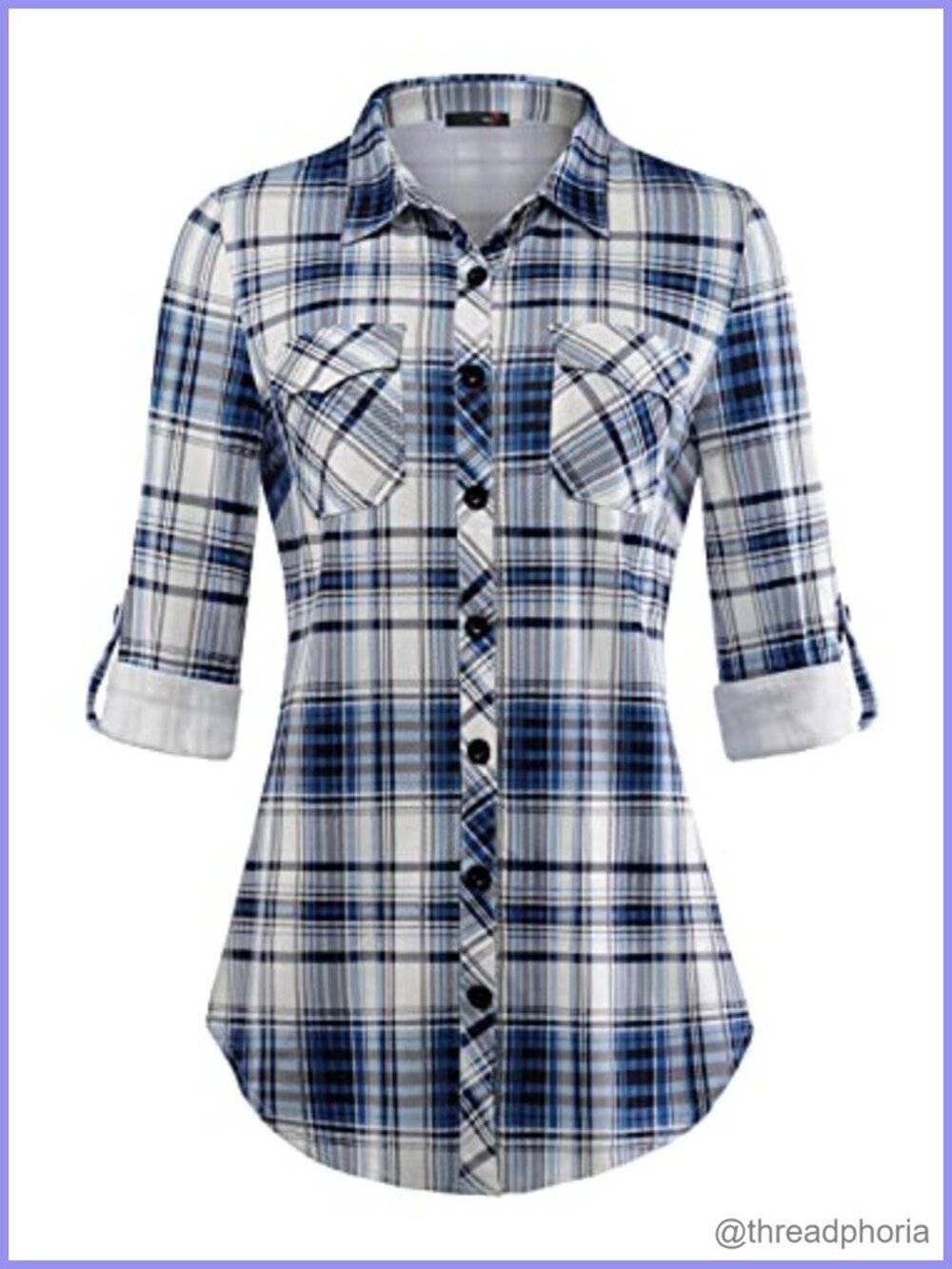 Womens Soft Stretchy Knit Plaid Button Down Blouse Roll Up Long Sleeve Collared